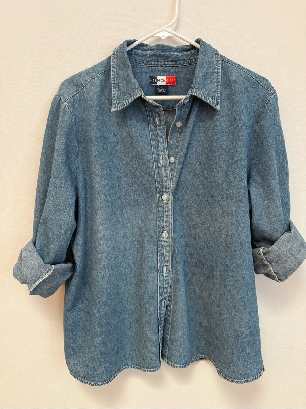 French Cuff Denim Shirt in Medium Blue with Red & Navy Logo